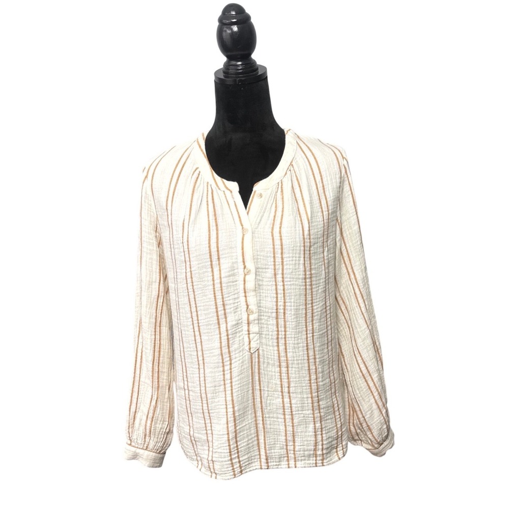 Universal Thread Blouse Womens Medium White Tan Striped Excellent Cotton Gauze